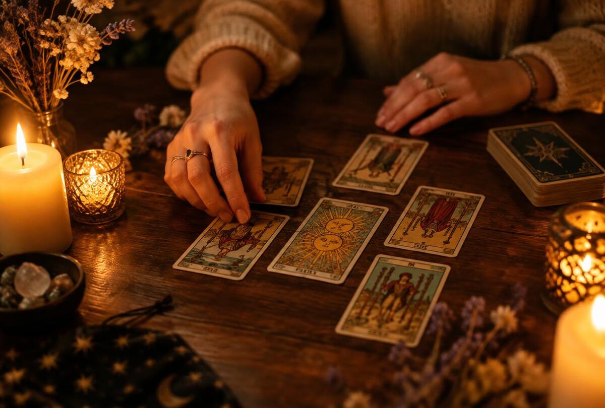 Tarotkort lagt ut på et bord i varmt lys fra levende lys