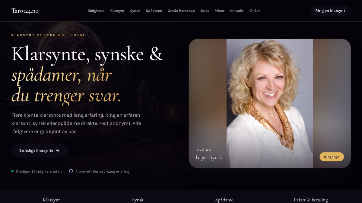 Skjermbilde av forsiden til Tarot24.no